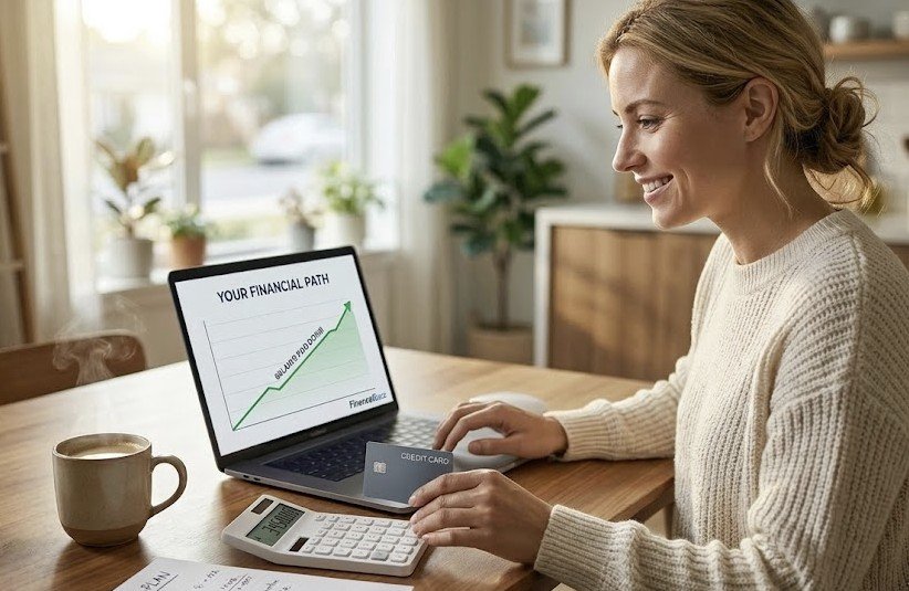 Woman analyzing financial growth on a laptop while using a calculator and credit card at a wooden desk, with a coffee cup nearby.