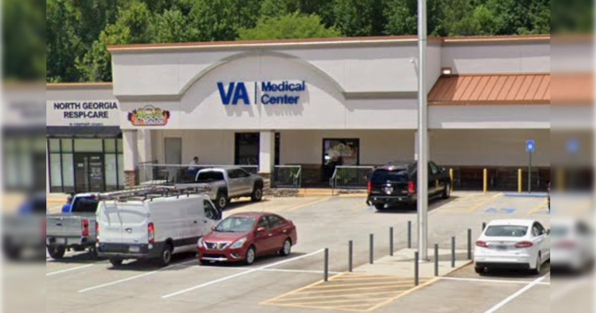 VA Medical Center exterior with parking lot and nearby North Georgia RespiCare facility, showcasing healthcare accessibility in the area.