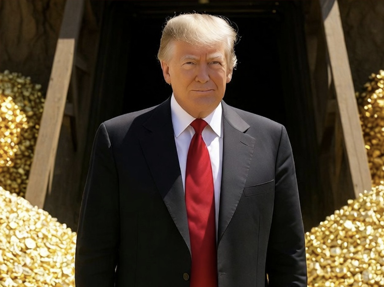 Man in a suit with a red tie standing in front of a large pile of gold coins, exuding confidence and authority.