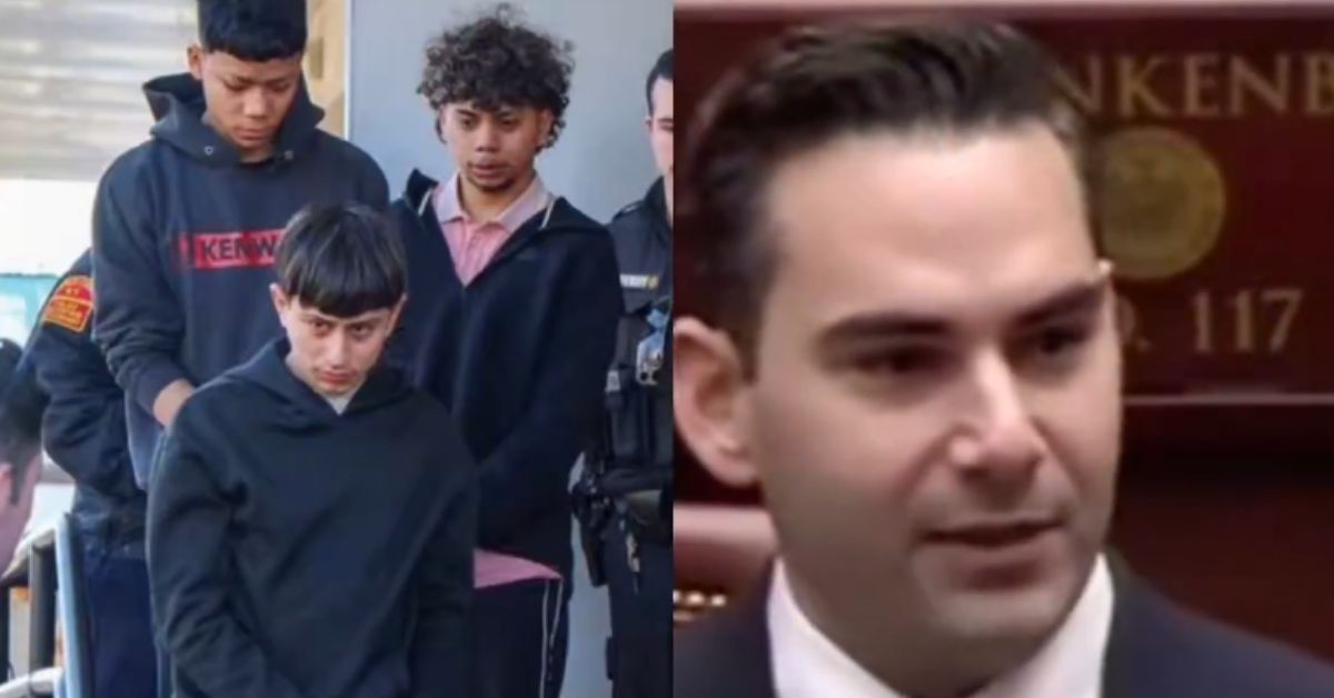 Group of young individuals appearing distressed alongside a man speaking at a podium, highlighting a serious legal or social issue.