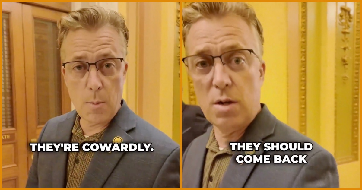 Person speaking in a formal setting expressing opinions on political behavior, with text overlay highlighting views on courage and accountability.