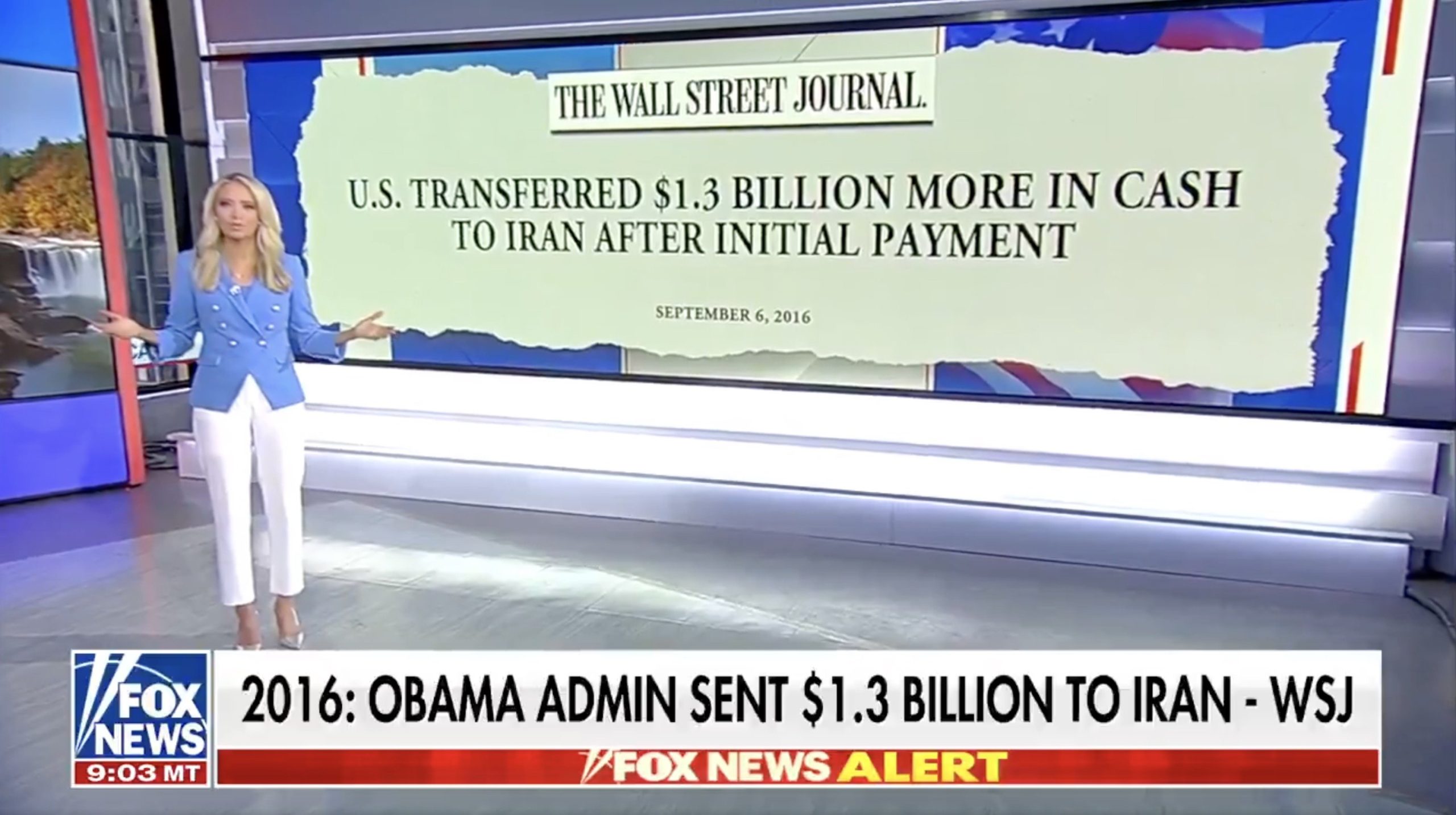 News anchor discusses a Wall Street Journal report about the U.S. transferring $1.3 billion to Iran in 2016, highlighting key details on a news broadcast.