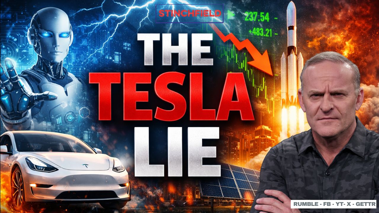 Image depicting a Tesla car, a futuristic robot, and stock market graphics, highlighting themes of technology and finance related to Tesla's impact and controversies.