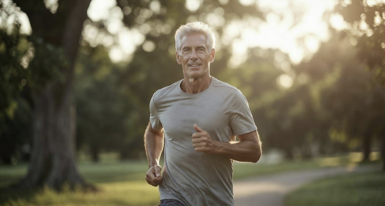 Smiling older man jogging in a park during sunset, promoting fitness and healthy lifestyle for seniors.