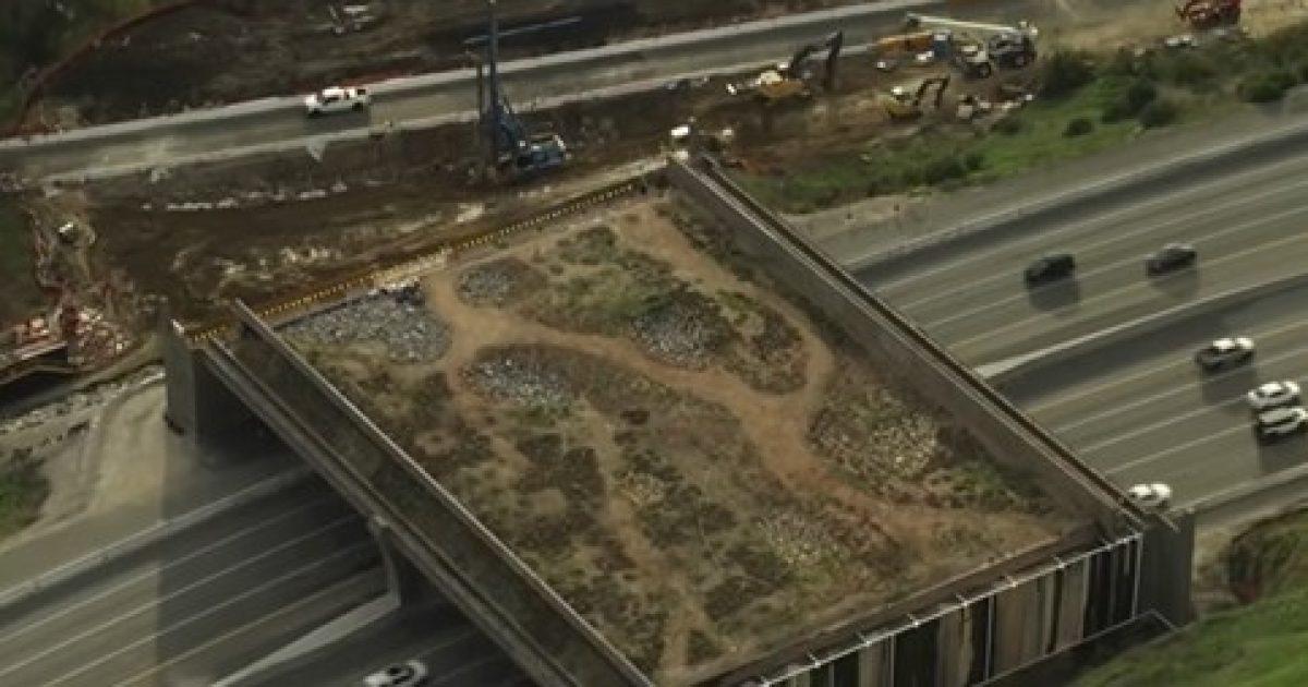 Aerial view of a landscaped overpass with vegetation, surrounded by construction and highway traffic, showcasing urban infrastructure development.