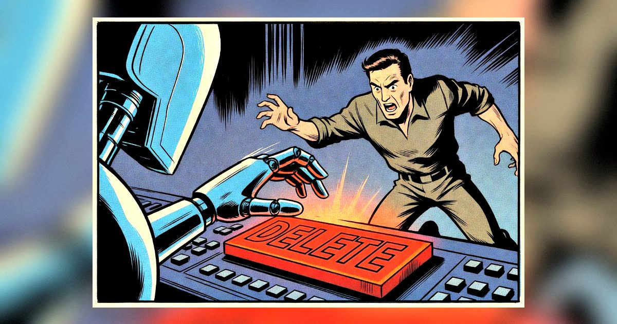 A robot reaches for a large red "DELETE" button while a man reacts in horror, illustrating themes of technology and control in a dramatic comic style.