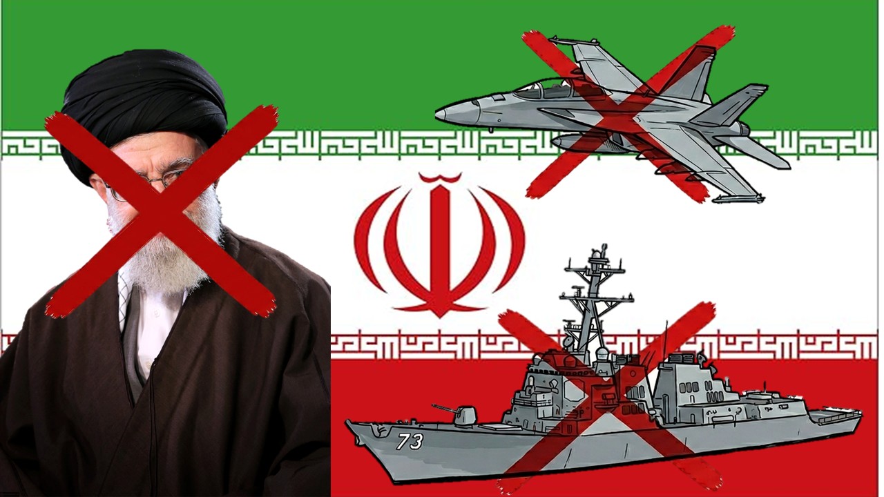 Image depicting a crossed-out figure, military aircraft, and naval ship against the Iranian flag background, symbolizing opposition to military power in Iran.