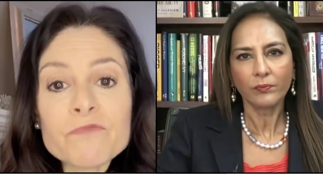 Two women engaged in a video discussion, one speaking directly to the camera while the other listens intently, with a bookshelf filled with books in the background.