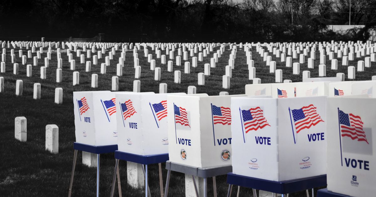 Voting booths with American flags stand in front of a cemetery filled with white gravestones, symbolizing the importance of honoring those who served through civic engagement.