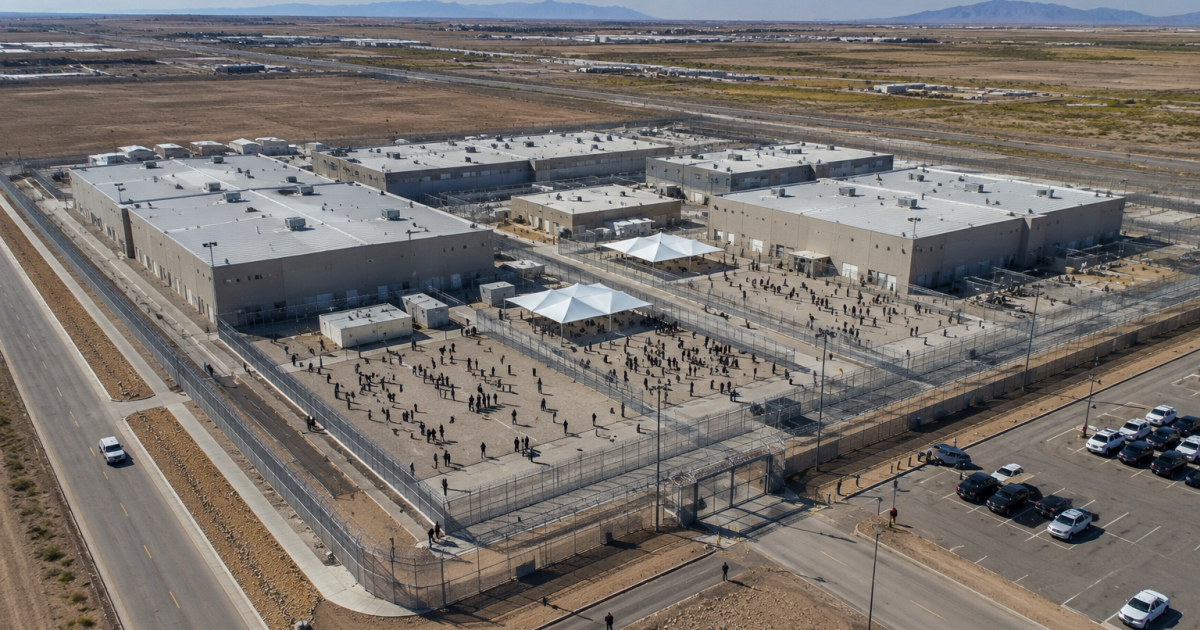 Aerial view of a correctional facility with inmates in an outdoor area surrounded by fencing and buildings, located in a remote landscape.