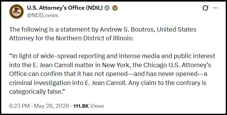 Media Source Changes Story – DOJ is Not Investigating Trump Accuser, E. Jean Carroll