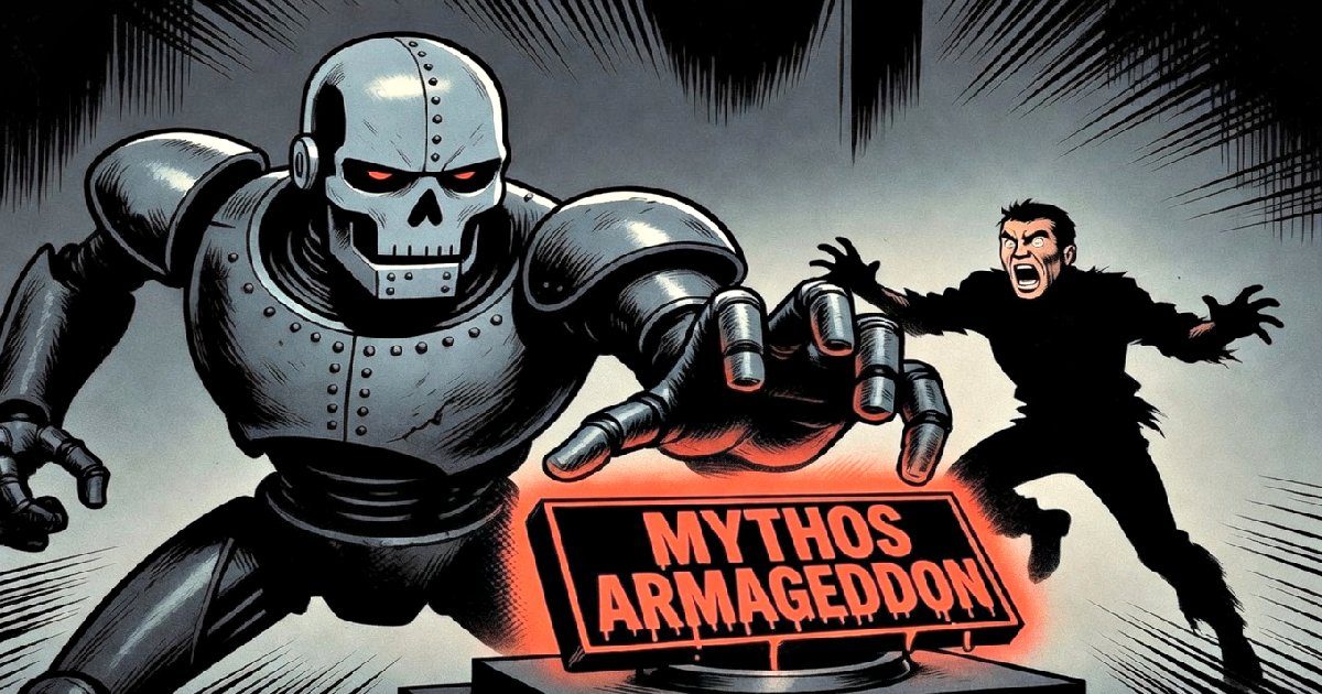 A menacing robot with a skull face reaches for a sign labeled "MYTHOS ARMAGEDDON," while a terrified man recoils in fear.