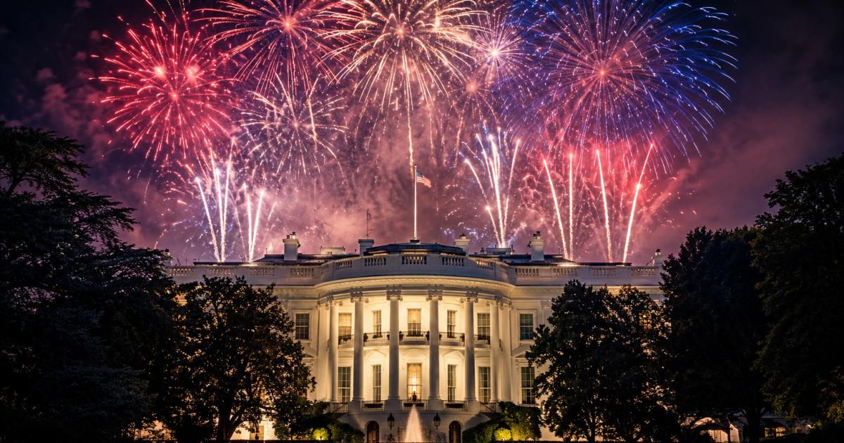 Fireworks illuminate the night sky above the White House, showcasing a vibrant display against the historic building and surrounding trees.