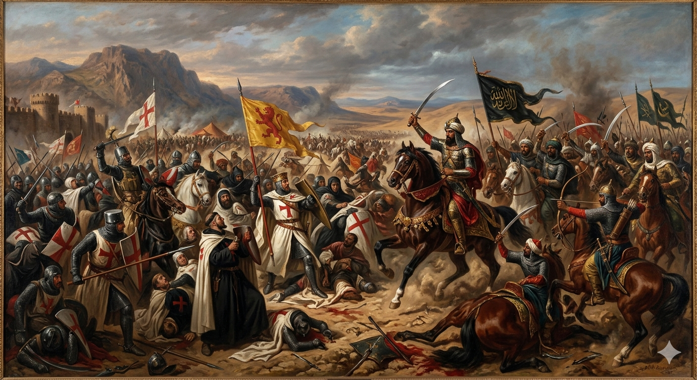 A dramatic battle scene depicting knights and warriors in armor, swords raised, amidst chaos and conflict, with flags flying in the background.