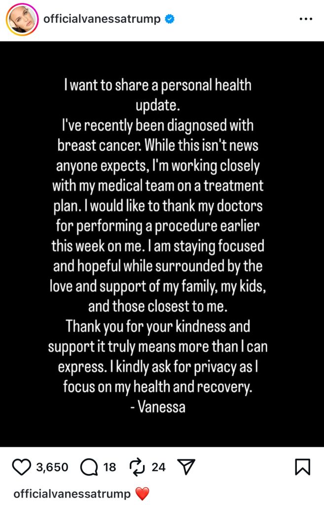 JUST IN: Vanessa Trump Announces Breast Cancer Diagnosis
