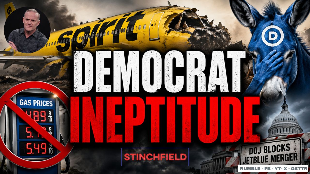 Image featuring a damaged Spirit Airlines plane, gas prices, and political commentary highlighting perceived Democratic ineptitude, with a focus on economic issues and airline industry challenges.