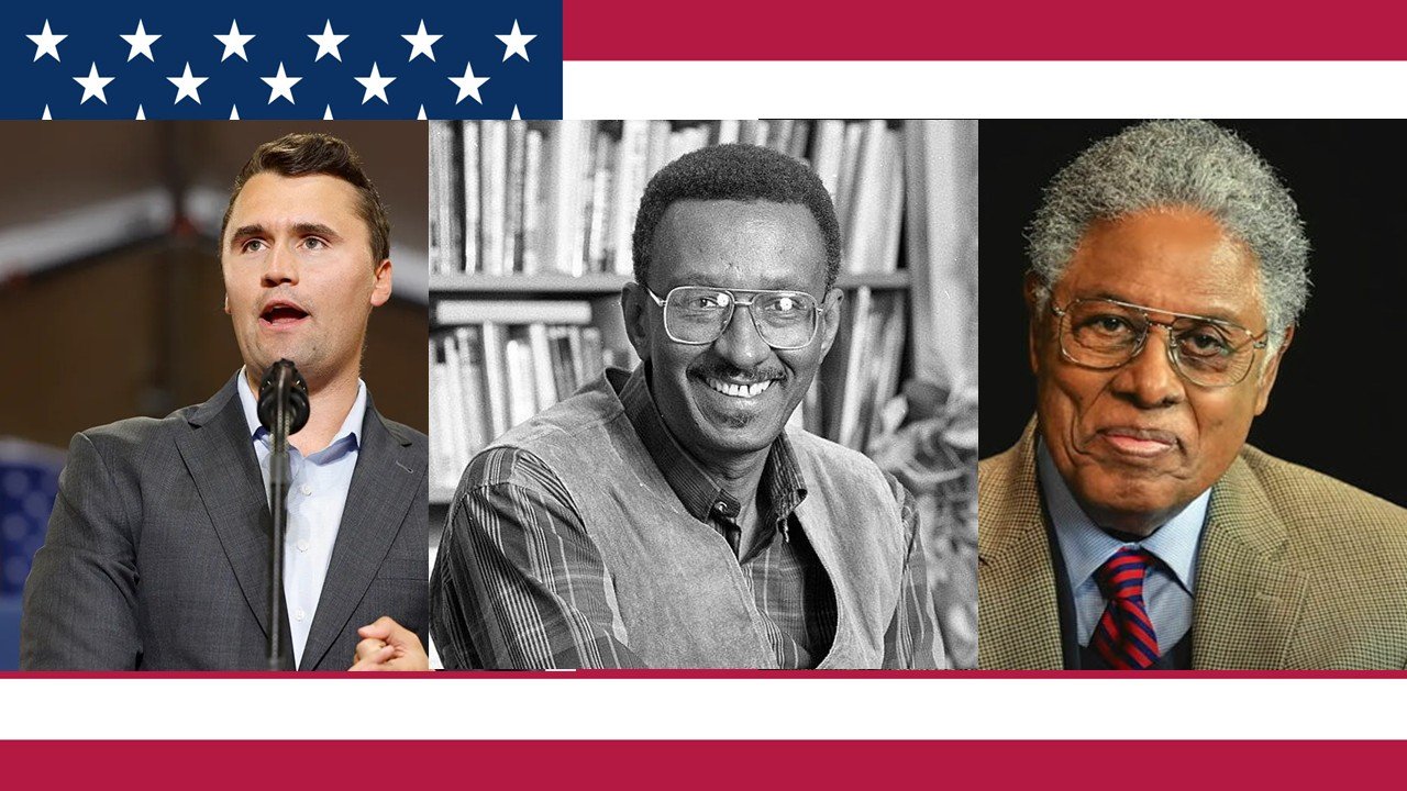 Three influential figures in American discourse, featuring a speaker, an author, and an economist, against a backdrop of the American flag.