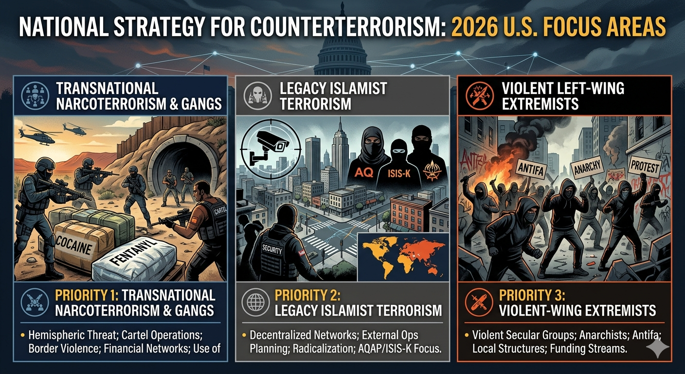 Illustration of the U.S. National Strategy for Counterterrorism 2026, outlining focus areas on transnational narcoterrorism, legacy Islamist terrorism, and violent left-wing extremists.