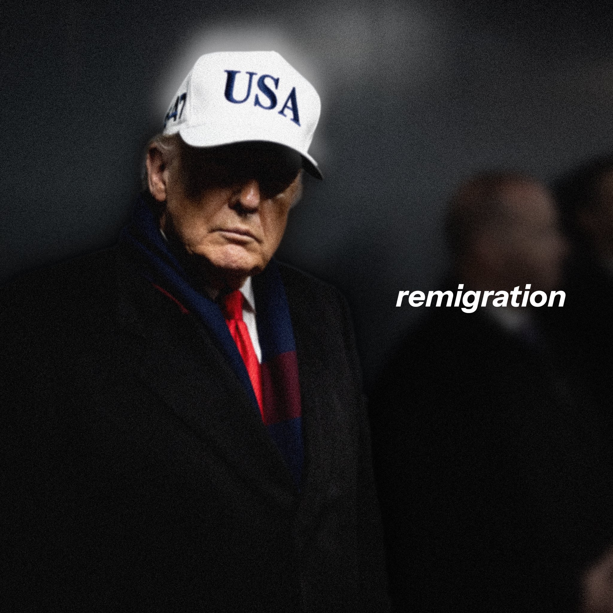 Man wearing a USA cap and dark coat stands against a blurred background, conveying themes of remigration and political identity.