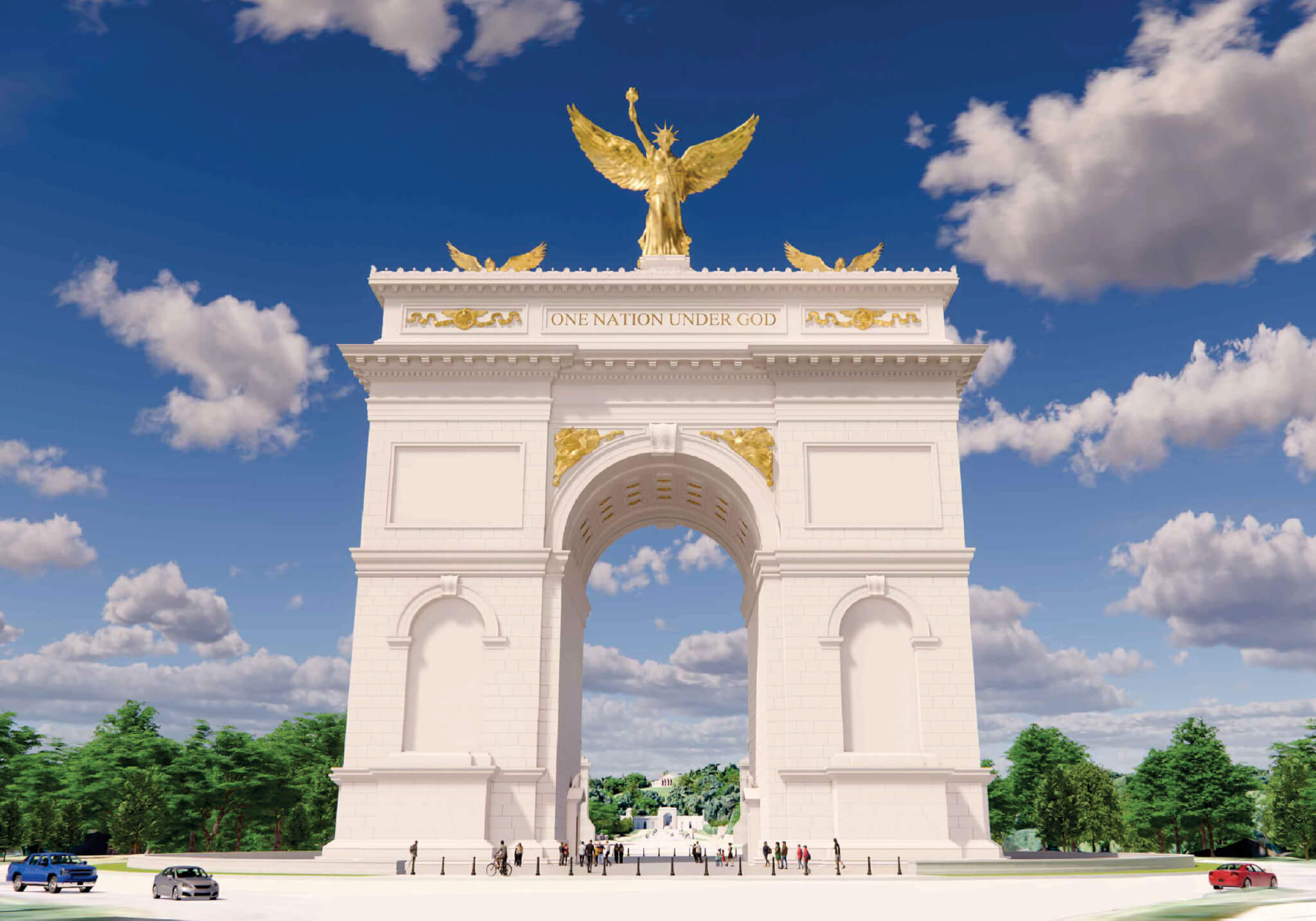 The image features a grand archway topped with a golden statue, inscribed with "One Nation Under God," surrounded by trees and blue skies.
