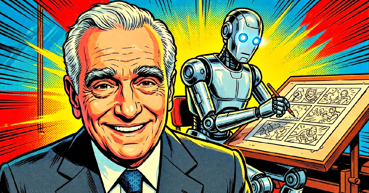 A smiling man in a suit poses in front of a robot artist sketching comic panels against a colorful backdrop.