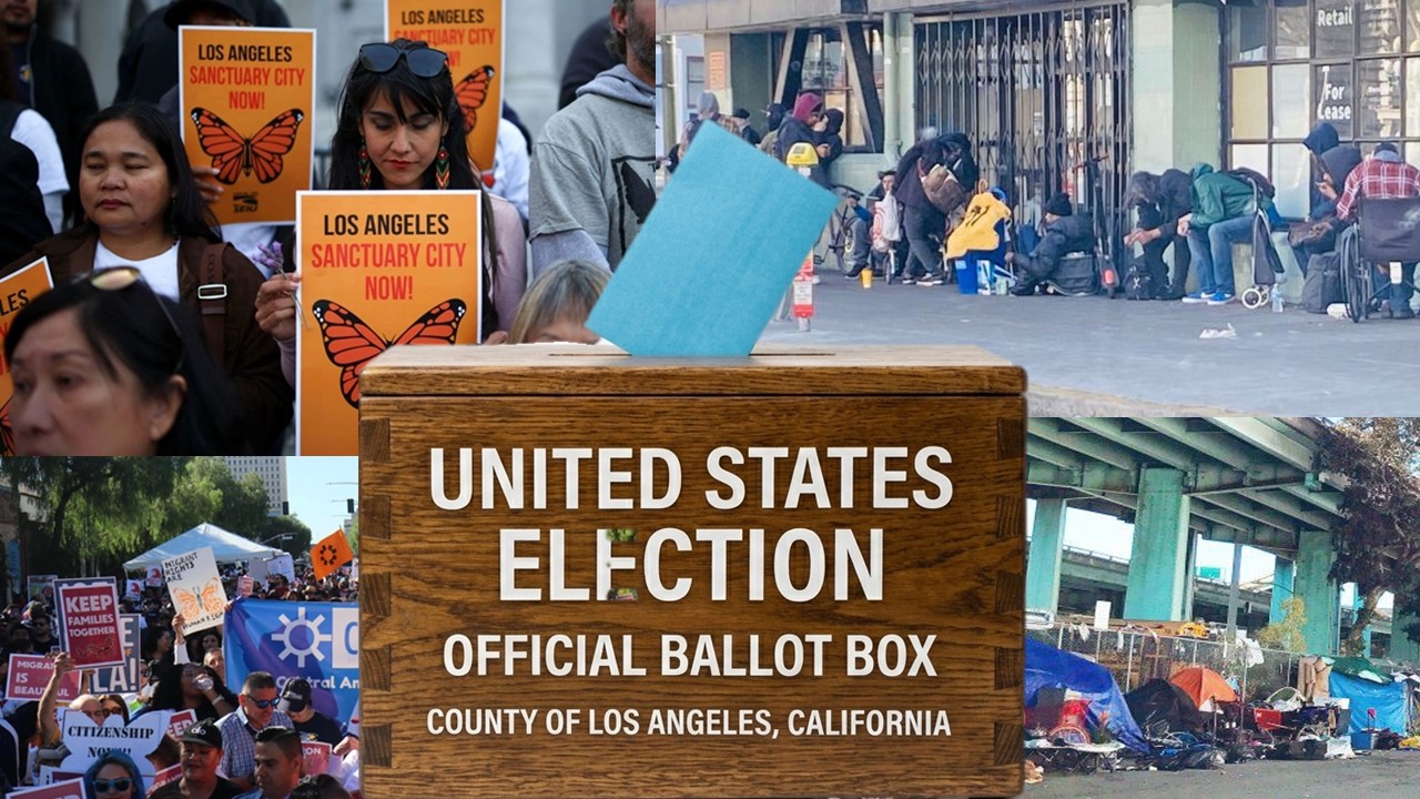 Diverse group of activists holding signs for Los Angeles as a sanctuary city, with a ballot box in the foreground, highlighting civic engagement and social issues.
