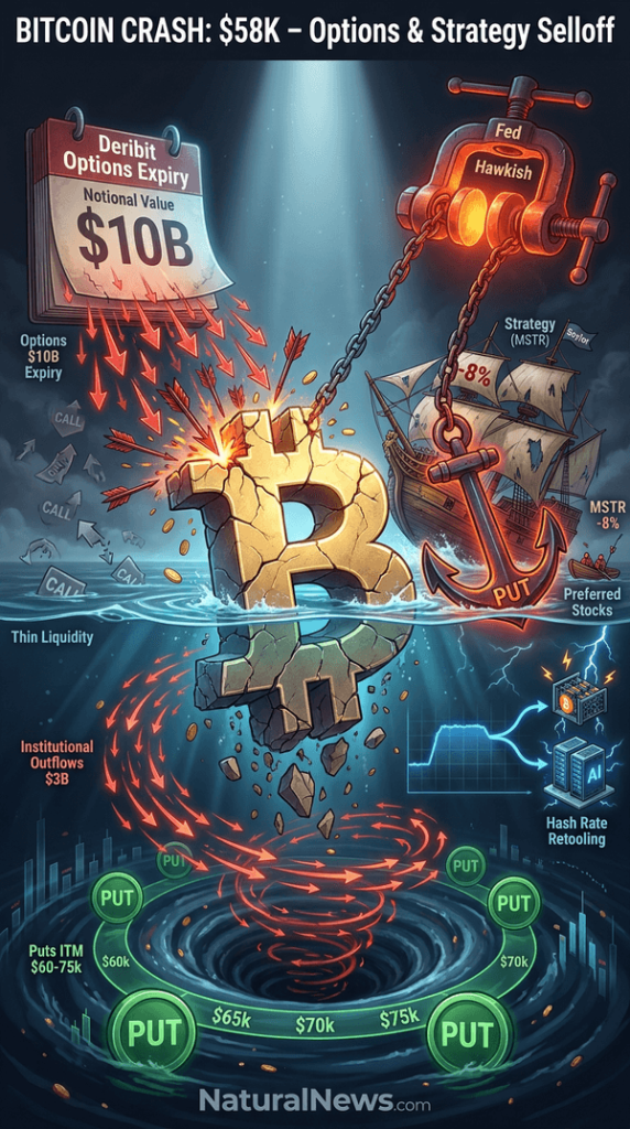 Bitcoin Drops to $58,000 on Options Expiry Pressure and Strategy Selloff