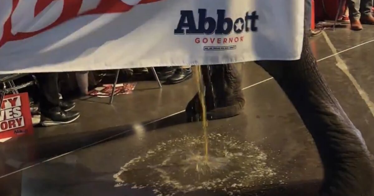 A person standing under a campaign banner for Abbott's gubernatorial run, as liquid spills onto the floor during an event.
