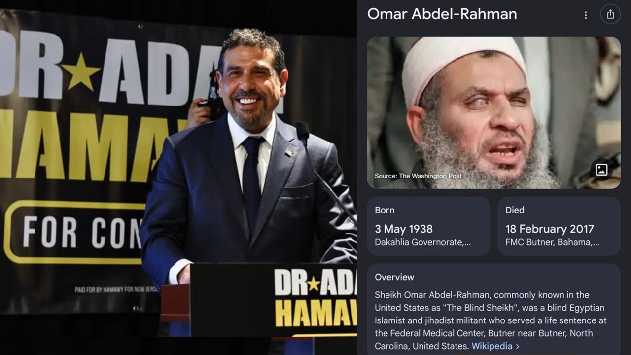 Image of Dr. Adam Hamamy speaking at a campaign event, promoting his candidacy with a backdrop featuring his name and a political slogan.