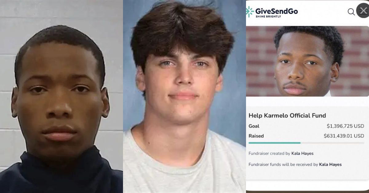 Image showing three individuals and a fundraising campaign for Karmelo, highlighting goals and amounts raised on the GiveSendGo platform.