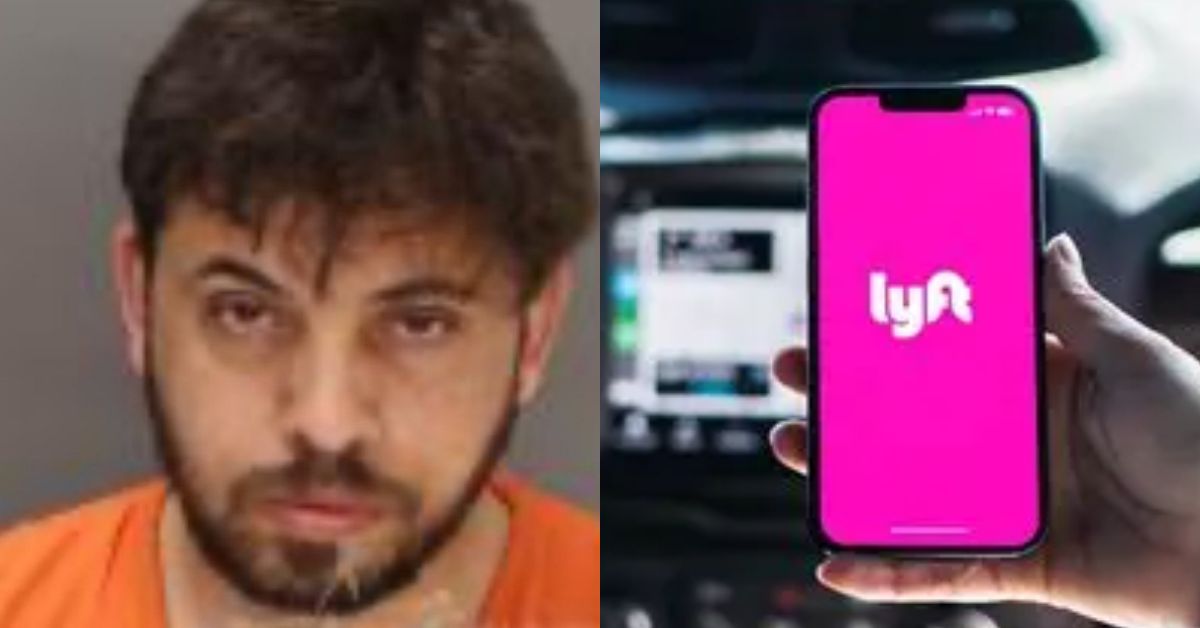 Mugshot of a man in an orange jumpsuit next to a smartphone displaying the Lyft app logo, highlighting a connection between crime and rideshare services.
