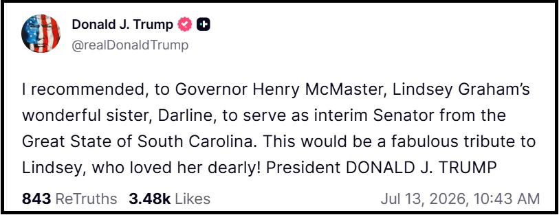 President Trump Endorses Interim Senate Replacement, Darline Graham Nordone