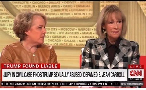 Two women discuss the civil case verdict finding Trump liable for sexual abuse and defamation of E. Jean Carroll, with CNN branding visible.
