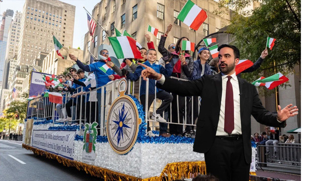 Celebration of Italian heritage at a parade with participants waving flags and a speaker addressing the crowd from a decorated float.