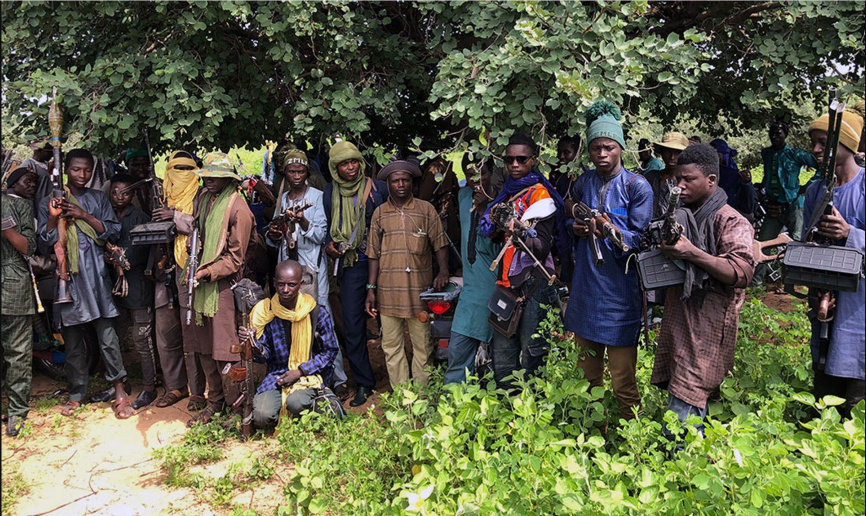 Group of armed individuals standing under a tree, displaying various firearms in a rural setting.