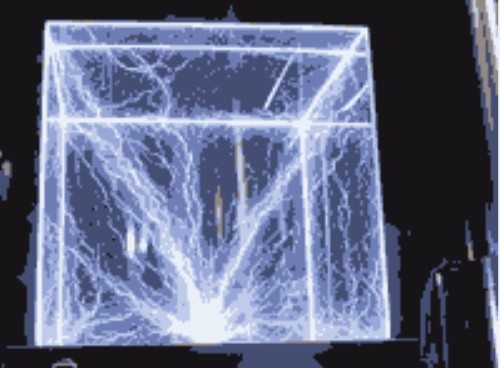 A glowing, translucent cube with electric arcs emanating from its center, set against a dark background, showcasing a futuristic energy display.