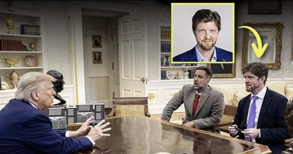 Donald Trump meeting with advisors in the Oval Office, featuring a close-up of one advisor in an inset box.