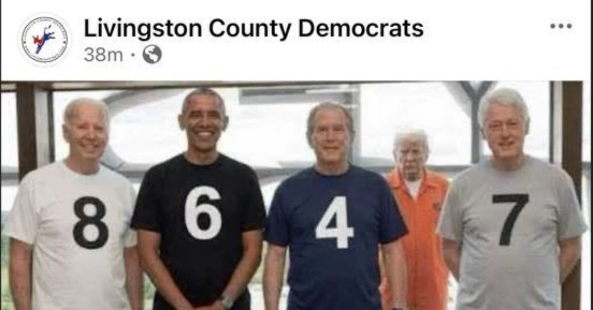 Former U.S. presidents stand together wearing numbered shirts, with a notable figure in orange prison attire in the background, highlighting a political commentary.