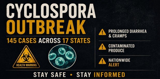 Cyclospora outbreak alert highlighting 145 cases in 17 states, symptoms include prolonged diarrhea and cramps, linked to contaminated produce. Stay safe and informed.