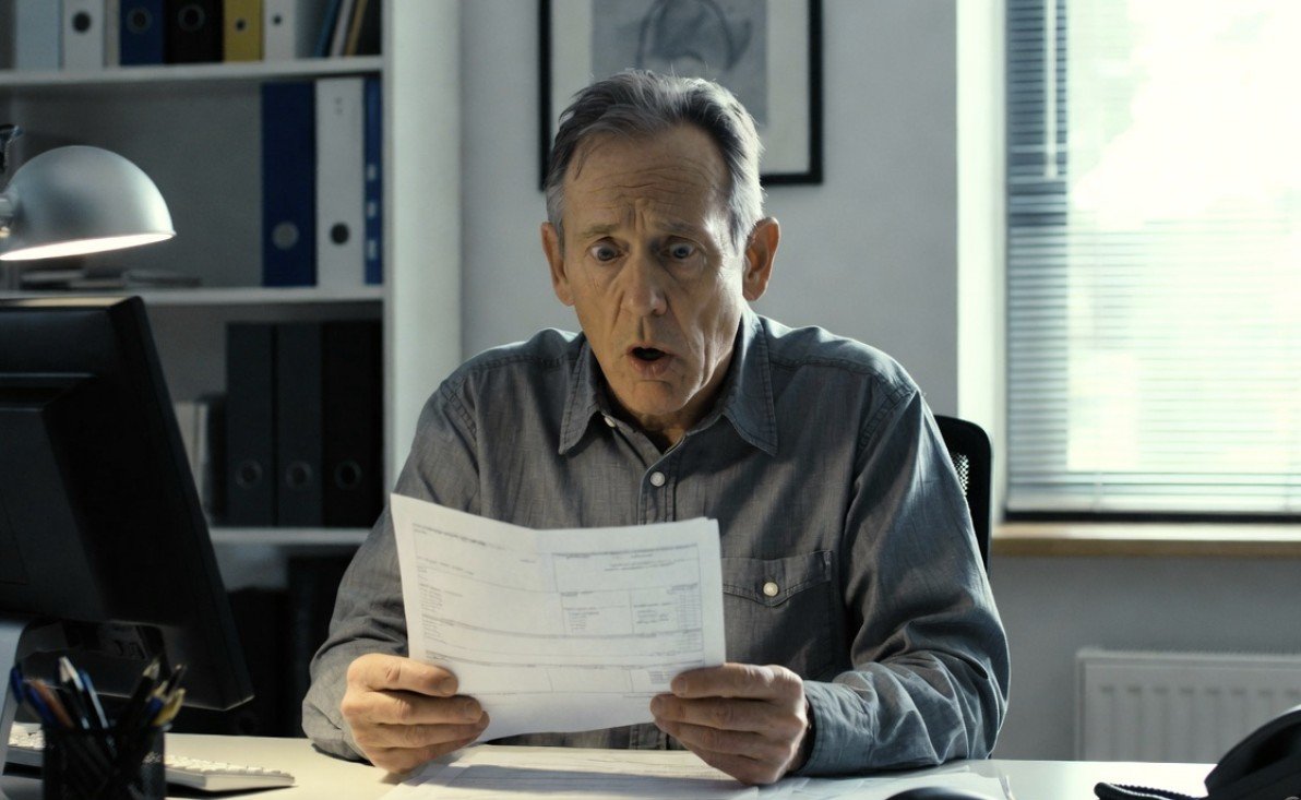 Elderly man with a shocked expression reading important documents in a modern office setting.