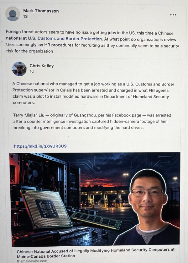 Chinese National Caught Modifying Border Patrol Computer Hardware