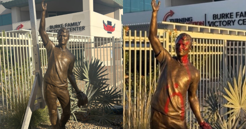 SICK: Leftists Vandalize Newly Unveiled Charlie Kirk Statue at TPUSA Headquarters in Phoenix with Red Paint to Symbolize Blood (VIDEO)