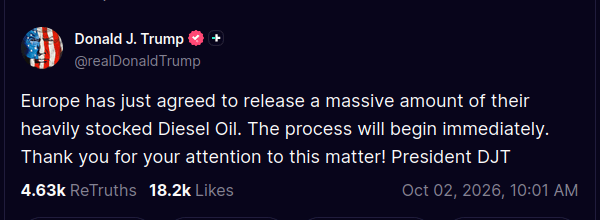 Trump Announces European Diesel Release Amid Middle East Energy Market Disruption