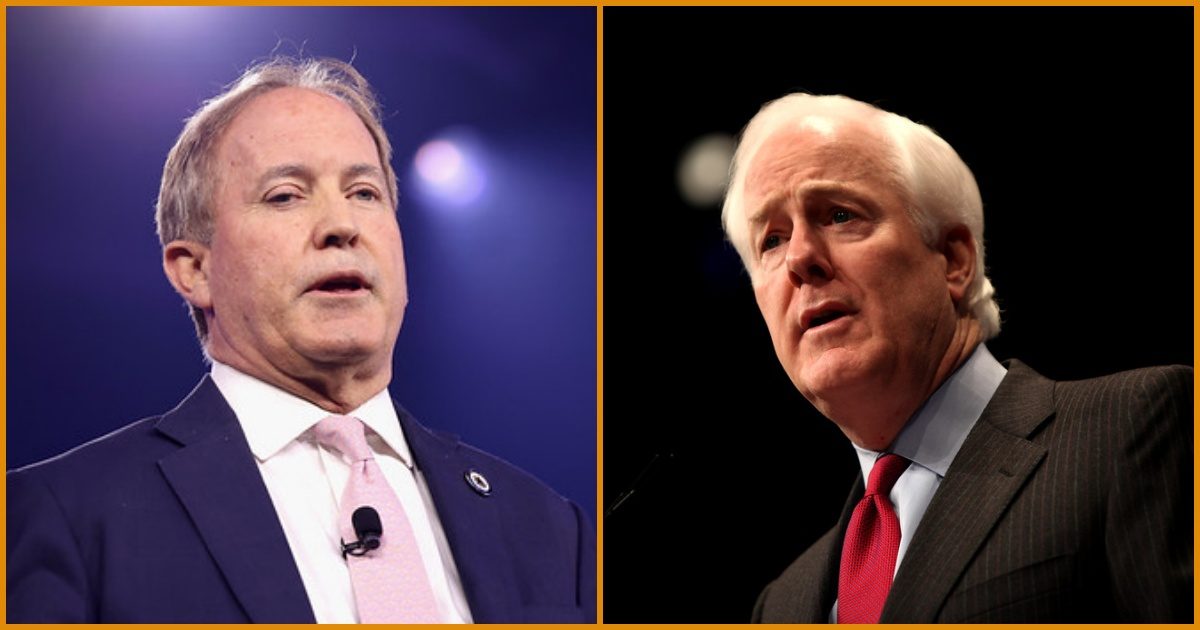 Two Texas politicians speaking at an event, with one in a dark suit and pink tie, and the other in a striped suit, both engaged in a serious discussion.